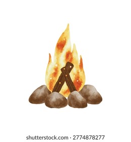 A small campfire glows with orange flames encircled by smooth stones