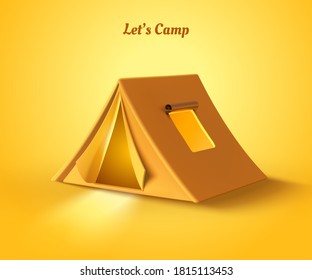 Small camping tent element in 3d illustration over yellow background