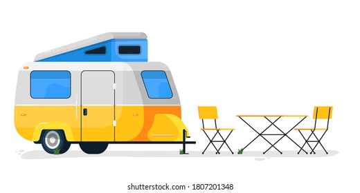 Small camping trailer. Isolated camper vehicle mobile home with camping table and chairs. Vector RV trailer transport for travel and vacation transportation