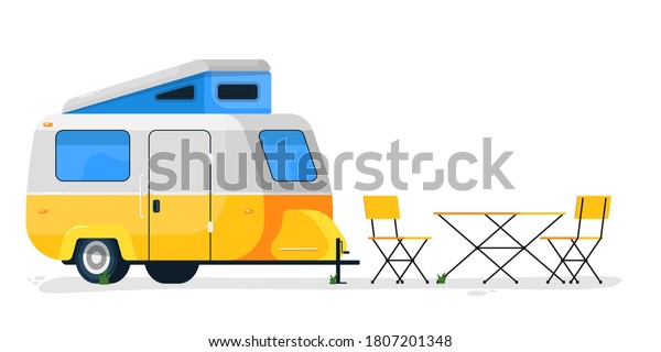 Small camping trailer. Isolated\
camper vehicle mobile home with camping table and chairs. Vector RV\
trailer transport for travel and vacation\
transportation
