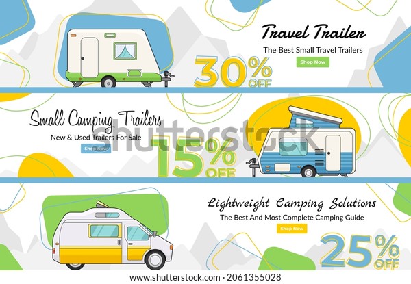 Small camping trailers landing page set vector\
flat illustration. Collection web banner abstract background with\
recreational travel vehicle rent or sale. Internet user interface\
with sale discount