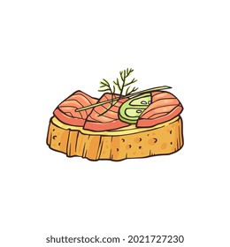 Small canape with salmon fish on bread, sketch hand drawn vector illustration isolated on white background. Cartoon icon of appetizer food or party snack.