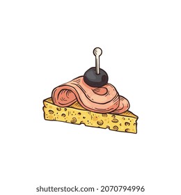 Small canape from triangle piece of bread with ham on skewer, sketch hand drawn vector illustration isolated on white background. Buffet appetizer or finger food.
