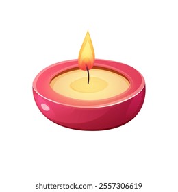 Small candle in round ceramic candlestick. Cartoon burning candle on white background. Vector icon