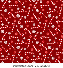 Small candy canes isolated on a dark red background. Cute seamless pattern. Vector simple flat graphic illustration. Texture.