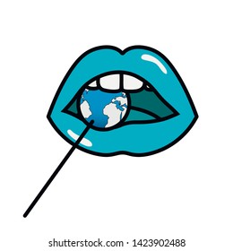 A small candy in the form of a globe in the mouth with turquoise lips bitten teeth. Allegory. Vector illustration
