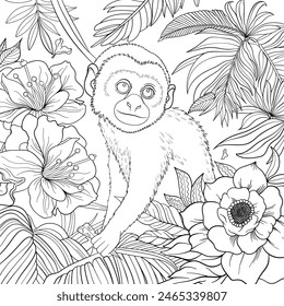 Small capuchin monkey sitting amongst foliage in the rain forest, colouring book page design, vector.