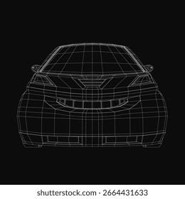 A small car 3D model rendered in wireframe style stands out against a black background. The detailed mesh structure highlights the car's sleek design and realistic proportions.