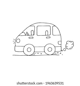 A small car drives along the road without a driver. Transport. Vector. Doodle. Hand-drawn illustration.	Silhouette. Black and white outline. Coloring.