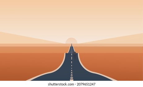 A small car drives through the endless desert expanses. An endless road stretching to the horizon. Bright sunset, sunrise in the desert. Vector illustration.