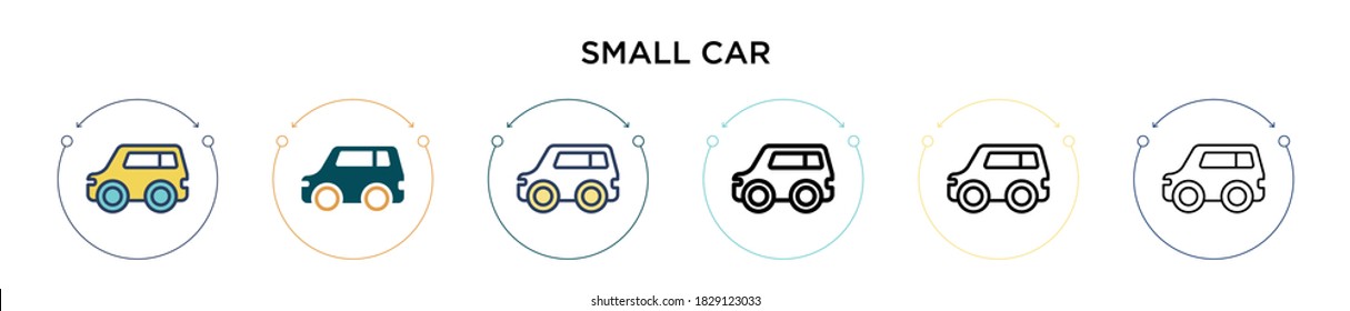 Small car icon in filled, thin line, outline and stroke style. Vector illustration of two colored and black small car vector icons designs can be used for mobile, ui, web