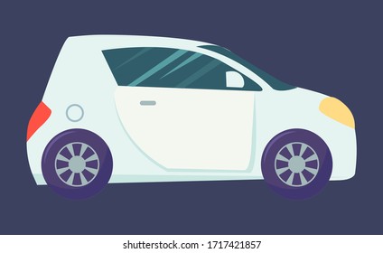 Small car isolated on dark background. Light blue microcar with toned glasses, two doors and one for luggage boot. Auto to drive and get your destination quickly. Vector illustration in flat style