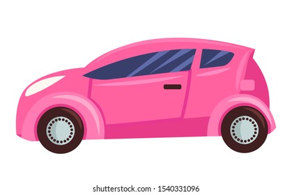 Small car isolated on white background. Pink microcar for girls with toned glasses, three doors and four wheels. Auto to drive and get your destination quickly. Vector illustration in flat style
