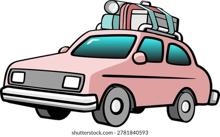 Small car loaded with luggage on the roof - pastel