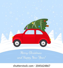 small car on the roof carrying a festive tree for Christmas and New Year's drive home in the winter nature of the forest. Happy Christmas and Happy New Year. vector illustration. Xmas
