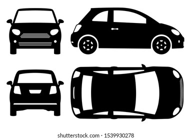 Small car silhouette on white background. Vehicle icons set view from side, front, back, and top