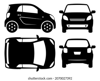 Small car silhouette on white background. Vehicle icons set view from side, front, back, and top