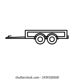 Small Car Trailer Icon. Black Contour Linear Silhouette. Side View. Vector Simple Flat Graphic Illustration. The Isolated Object On A White Background. Isolate.