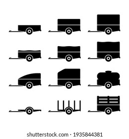 Small car trailers icons set. Trailers for passenger cars. Black silhouette. Side view. Vector simple flat graphic illustration. The isolated object on a white background. Isolate.