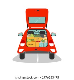 Small car trunk is open and full of groceries. Red automobile has baked food, fresh organic vegetables, water. Shopping in supermarket or eco natural market. Vector flat cartoon illustration isolated