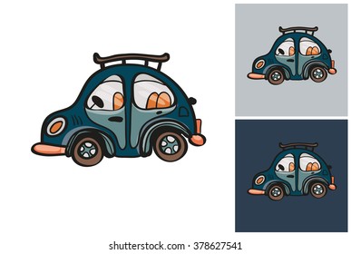 Small car vector sketch in kids style on white, gray and dark background.