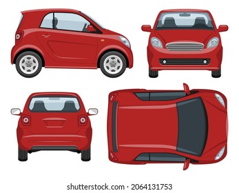 Small car vector template with simple colors without gradients and effects. View from side; front; back; and top