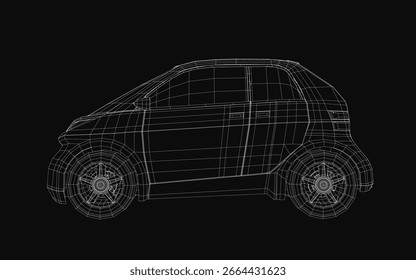 Un Pequeño modelo de estructura de alambre de coche muestra intrincados detalles en 3D sobre un elegante fondo negro. La estructura de malla transparente destaca el diseño y los contornos del vehículo.
