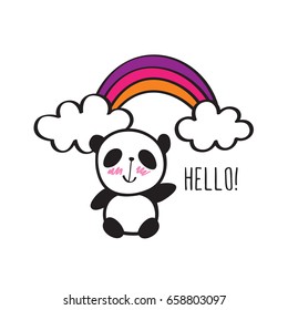 Small card with cute panda and rainbow. Hand drawn illustration for your design. Doodles, sketch. Vector.