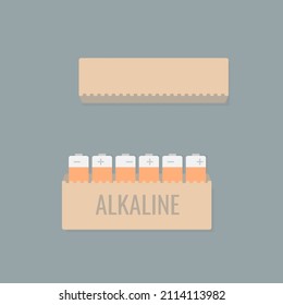 A small cardboard box with 6 alkaline batteries on a solid color background.