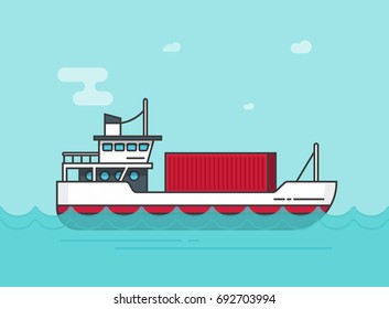 Small cargo ship floating on ocean water vector illustration, flat cartoon shipping freighter boat on sea waves carrying cargo containers line outline, container vessel