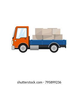 Small Cargo Truck, Lorry with Boxes Isolated on a White Background, Delivery Services, Logistics, Shipping and Freight of Goods, Vector Illustration