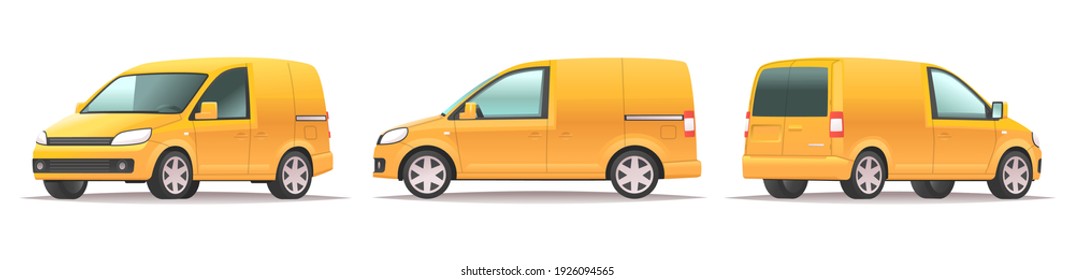 Small cargo van of yellow color, front, side and rear view on a white background. Car for the delivery of goods. Vector illustration in cartoon style