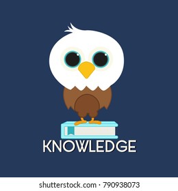 small caricature of a bald eagle standing over a light turquoise book representing knowledge 