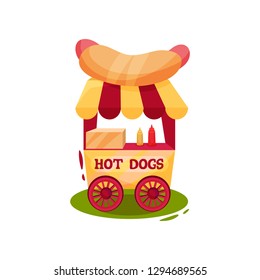 Small carnival cart with hot dogs. Vending trolley. Fast food. Circus and amusement park theme. Flat vector design