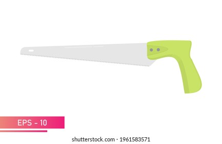 A small carpenter saw with a green handle. Realistic design. On a white background. Carpenter tools. Flat vector illustration.
