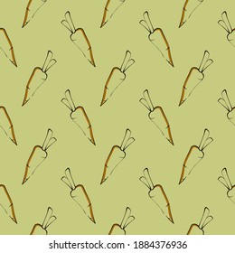 Small carrot , seamless pattern on a mustard yellow background.