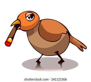 Small Cartoon Bird with a Cigar, Vector Illustration. 