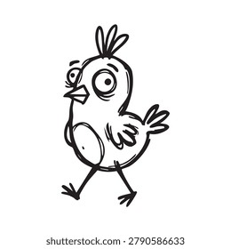 Small cartoon bird sketch walking across page. Whimsical line art of baby avian character with large eyes for kids designs.