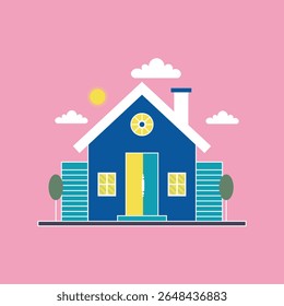 Small cartoon blue house with trees on pink background