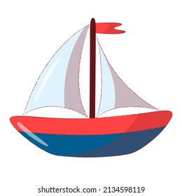 A small cartoon boat with a red flag. Cartoon design of water transport. Flat vector illustration isolated on a white background.