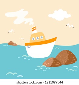 Small cartoon boat in the style of flat sailing on the sea