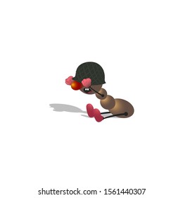 a small cartoon brown ant in a helmet sits and fearfully closes his hands from danger. Isolated on a white background with a shadow.