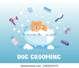 A small cartoon dog is sitting in a bubble bath surrounded by grooming tools. The concept of grooming salon. Vector web banner for animal care