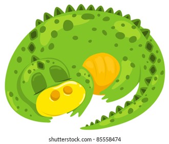 Small cartoon dragon sleep. Vector illustration. Isolated on white.