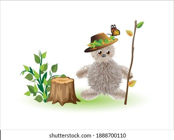 A small cartoon forest spirit in a hat with leaves and a staff next to a stump and a green bush - in pagan mythology, is the protector and guardian of the forest. Vector drawing.