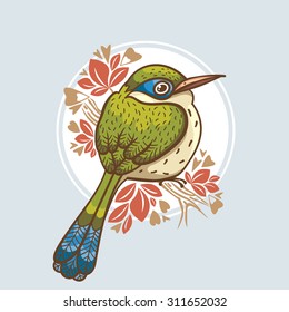 Small cartoon green bird sitting on a branch with red leaves. Vector animal illustration.