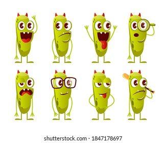 Small cartoon green  cute monsters with red horns in different poses. Set of image.
