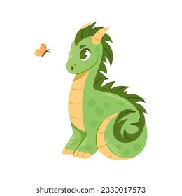 Small cartoon green dragon sits and looks at a butterfly.