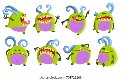 Small cartoon green purple cute monsters with blue horns in different poses. Set of image, clipart.