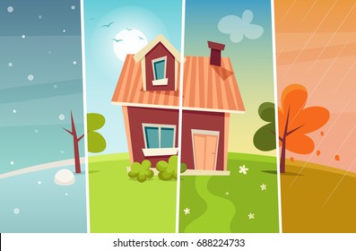 Small Cartoon House: Four Seasons. Vector Illustration